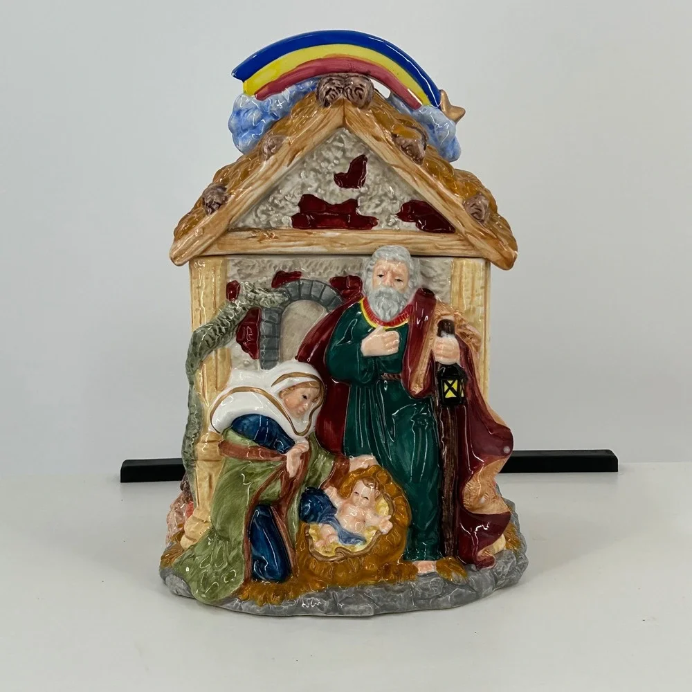 Mercuries Nativity Scene Ceramic Cookie Jar Christmas Holiday Decor Rainbow Star